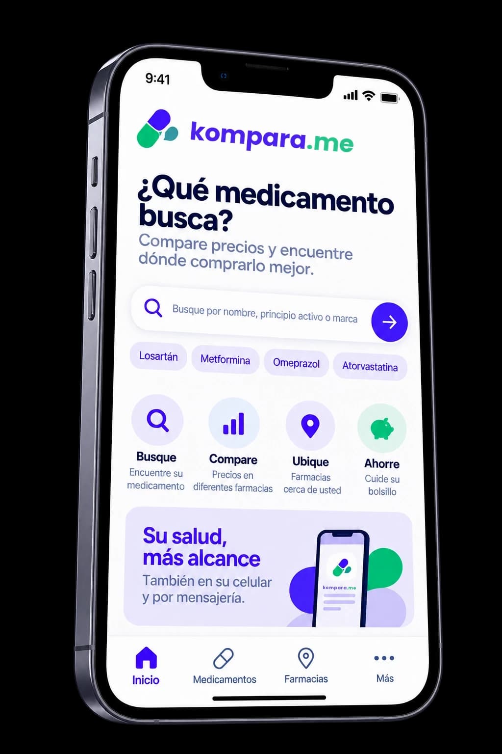 Un teléfono con la app de Kompara: buscador de medicamentos, búsquedas populares y los pasos Busque, Compare, Ubique y Ahorre
