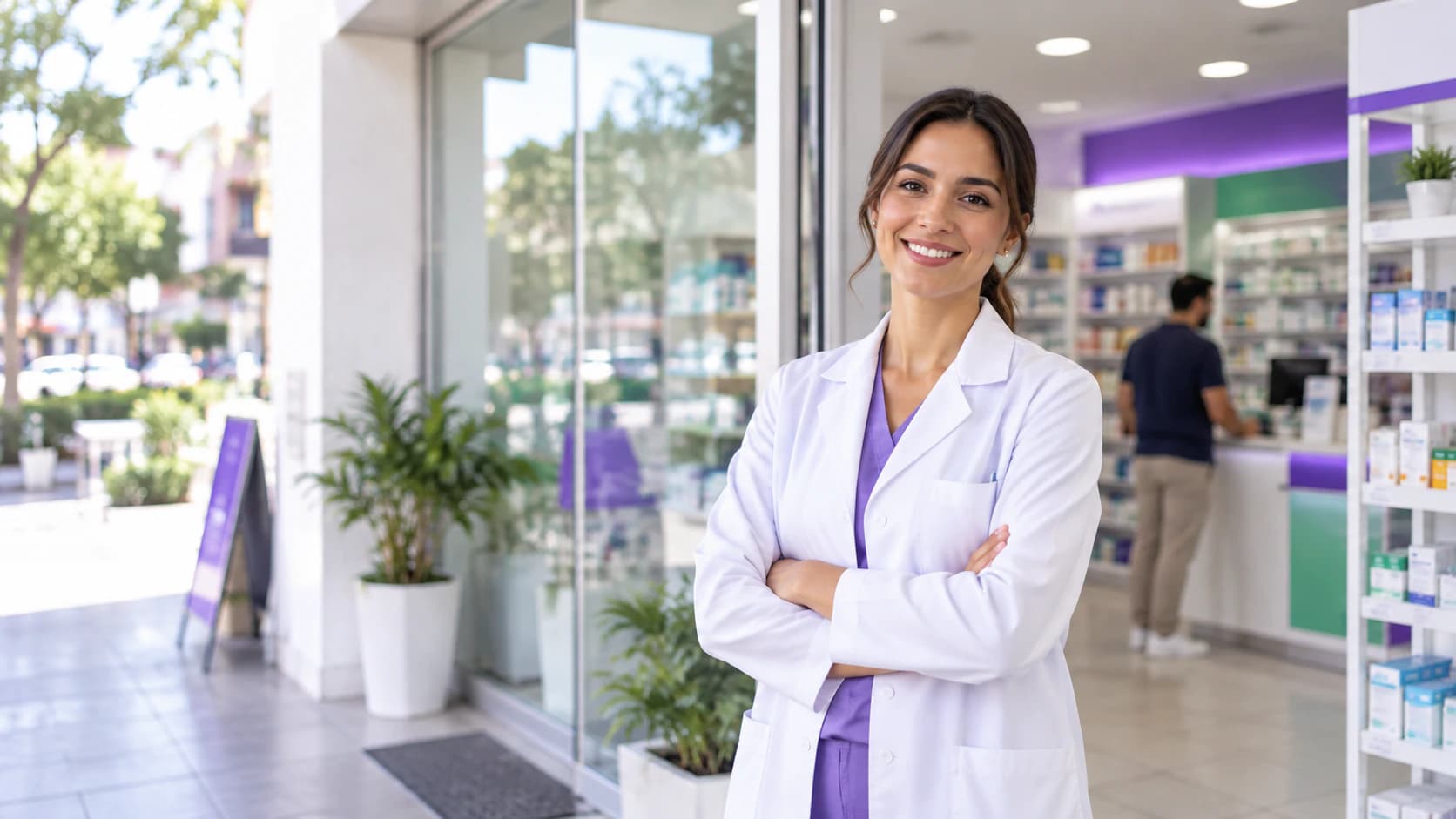 Una farmacéutica sonríe en la entrada de una farmacia