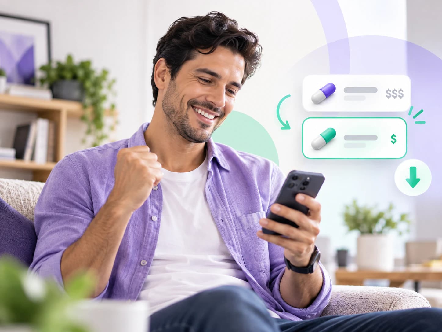 Un hombre celebra frente a su celular al comparar el precio de un medicamento